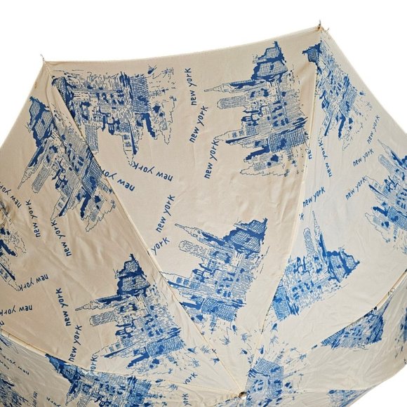 Vintage NEW YORK CITY Skyline‎ Compact Rain Umbrella 32” Wood Handle Cream - Picture 5 of 9